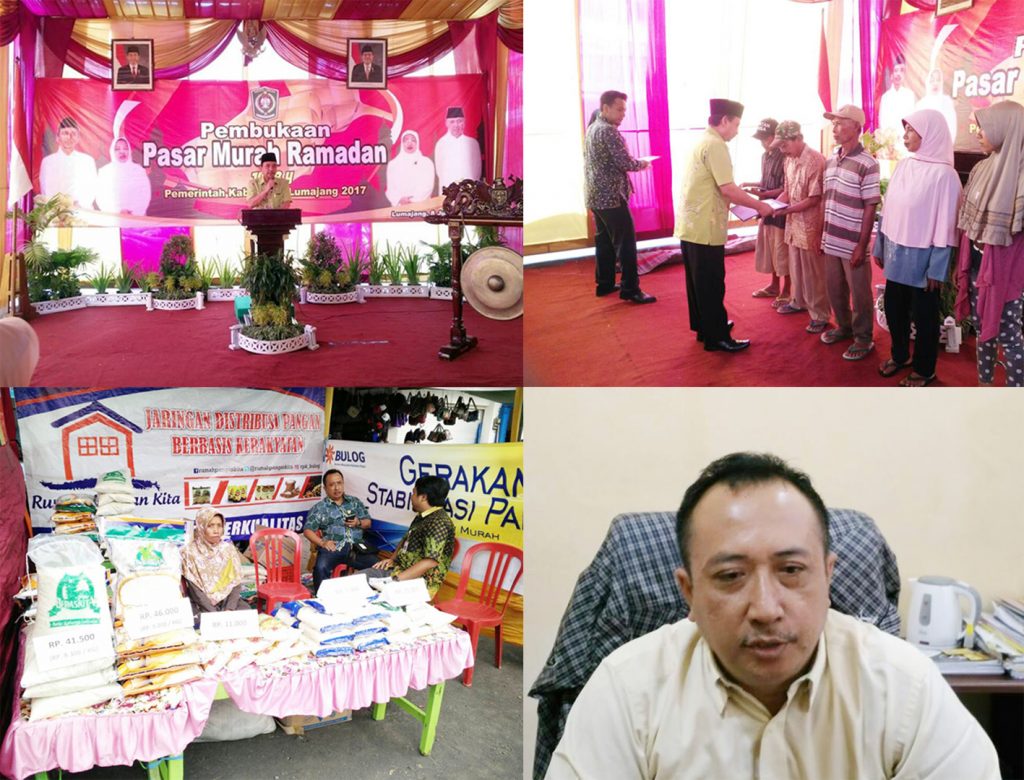 Searah jarum jam : Bupati Lumajang, As’at M.Ag saat memberikan sambutan sekaligus membuka kegiatan pasar Ramadhan. Buapti As’at ketika memberikan bantuan uang kepada ahli waris di kec Tempeh, David Susanto, Kepala Bulog Divre Probolinggo. Dan Stan Bulog Divre Probolinggo diajang pasar Ramadhan Kabupaten Lumajang.